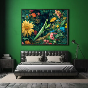 Poster: Praying Mantis with Dahlias and Other Garden Blooms Illustration