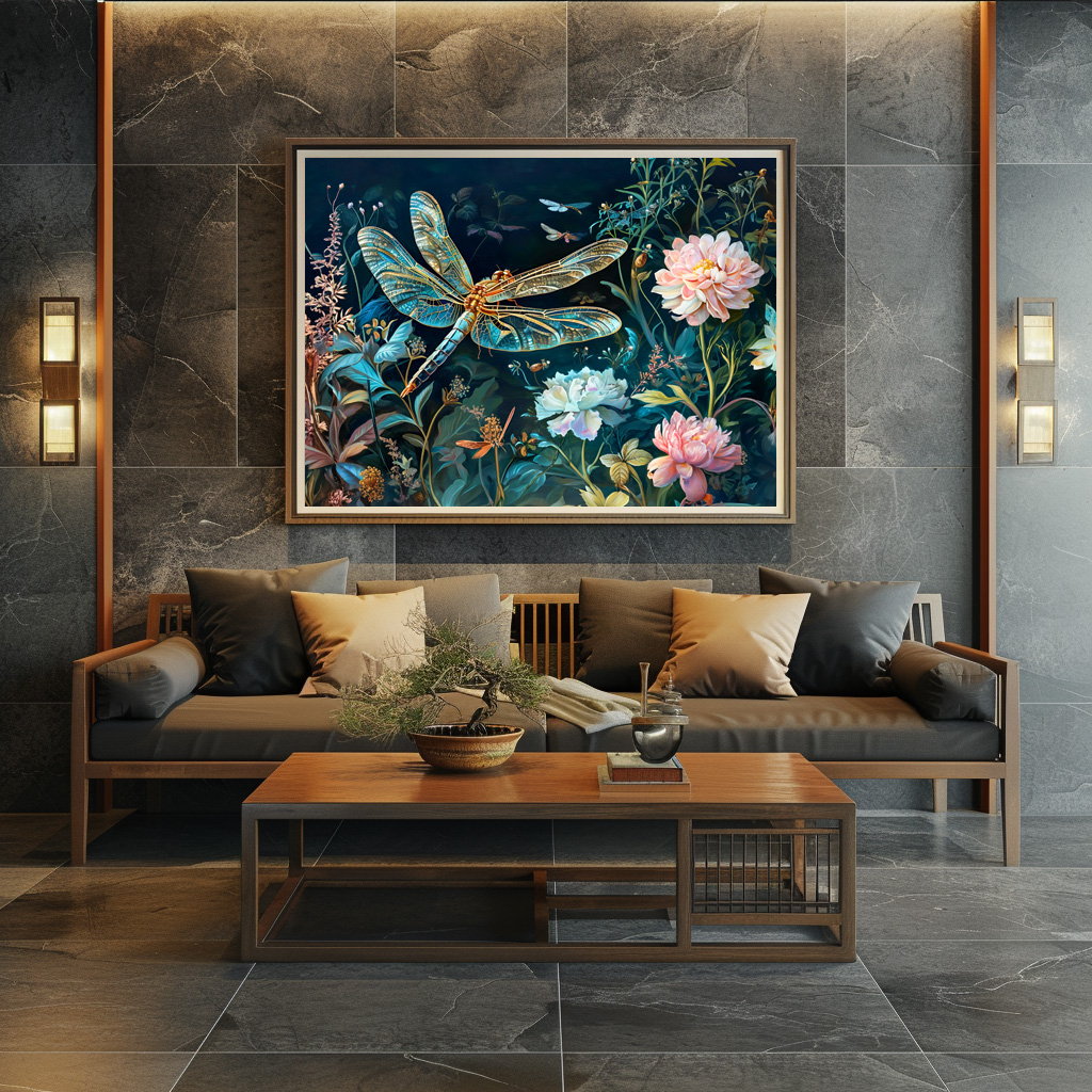 Poster: Dragonfly at Night in a Garden with Peonies and Grasses Illustration