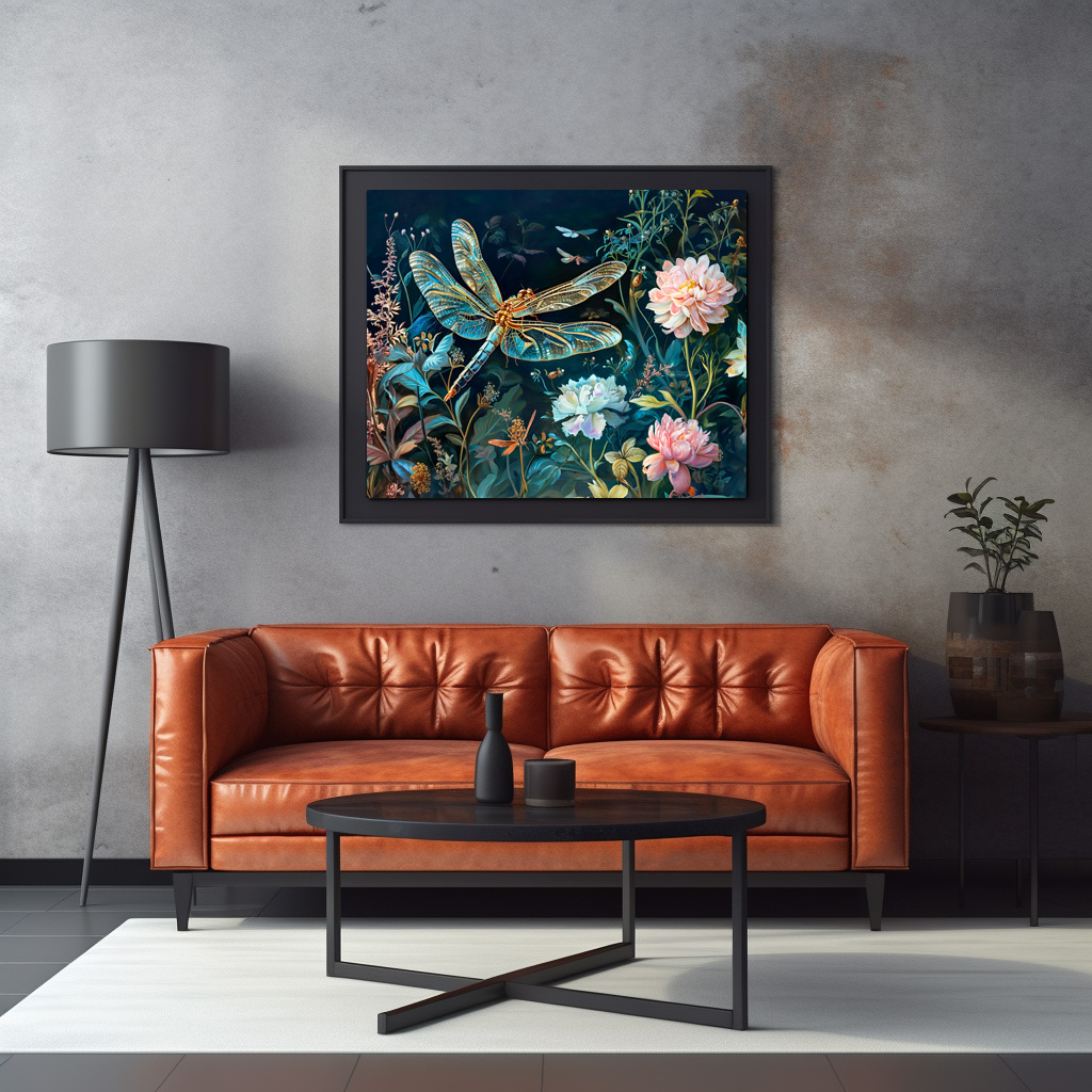Poster: Dragonfly at Night in a Garden with Peonies and Grasses Illustration - Image 3