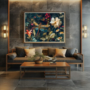 Poster: Dragonfly in a Garden with Daisies and Lilies Illustration