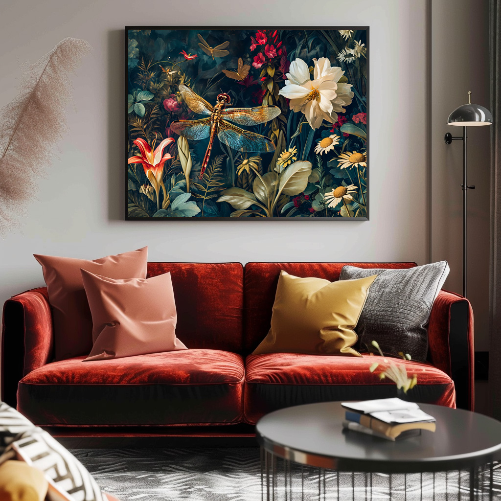 Poster: Dragonfly in a Garden with Daisies and Lilies Illustration - immagine 2