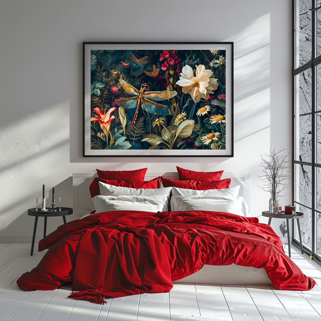 Poster: Dragonfly in a Garden with Daisies and Lilies Illustration - immagine 3