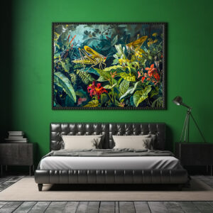 Poster: Green Grasshoppers in an Herb Garden Illustration