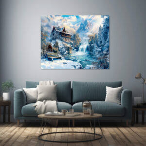 Poster: Mountain Cottage by Waterfall in Winter Illustration