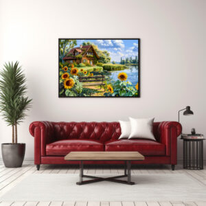 Poster: Lakeside Cottage with Sunflower Field