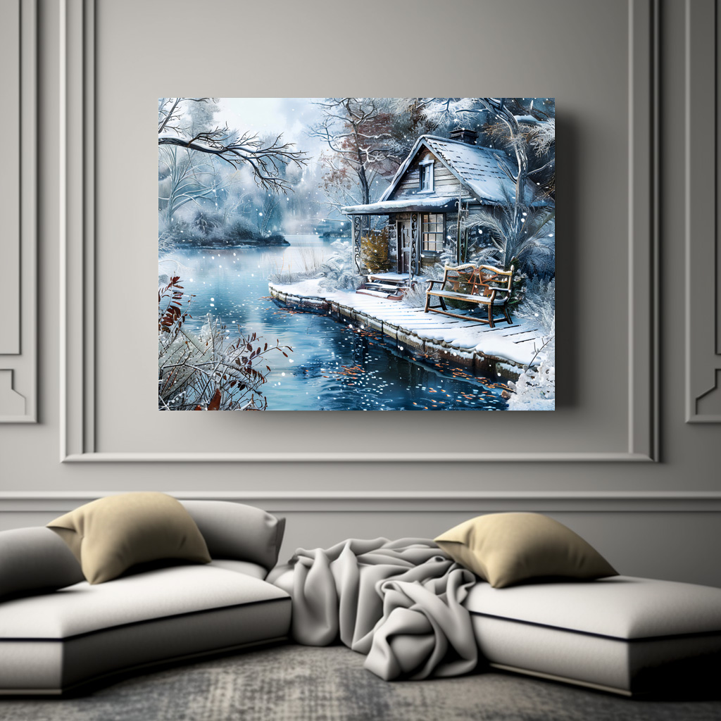 Poster: Old Mill by Frosty River in Winter Illustration