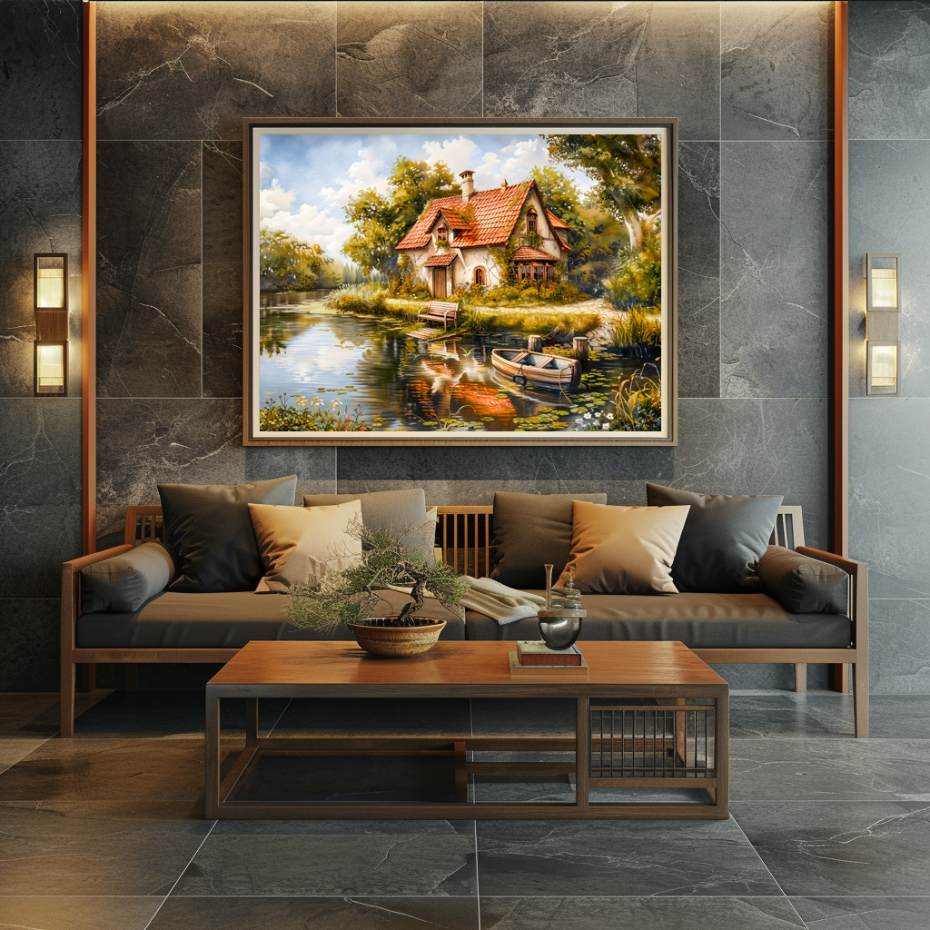 Poster: Lakeside Cottage with Rowboat