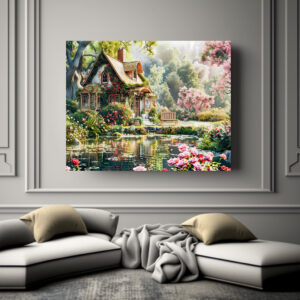 Poster: Whimsical Cottage with Rhododendrons and Pond