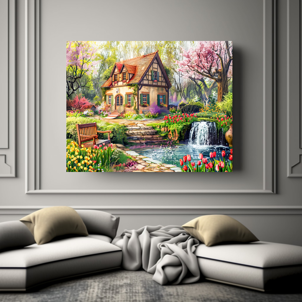 Poster: Spring Cottage with Blooming Tulips