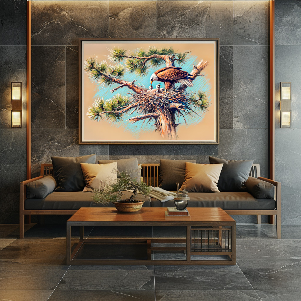 Poster: Eagle Feeding Young in Nest on Pine Tree Pastel Chalk Drawing - immagine 2