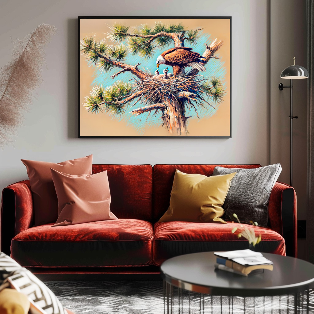 Poster: Eagle Feeding Young in Nest on Pine Tree Pastel Chalk Drawing - immagine 3