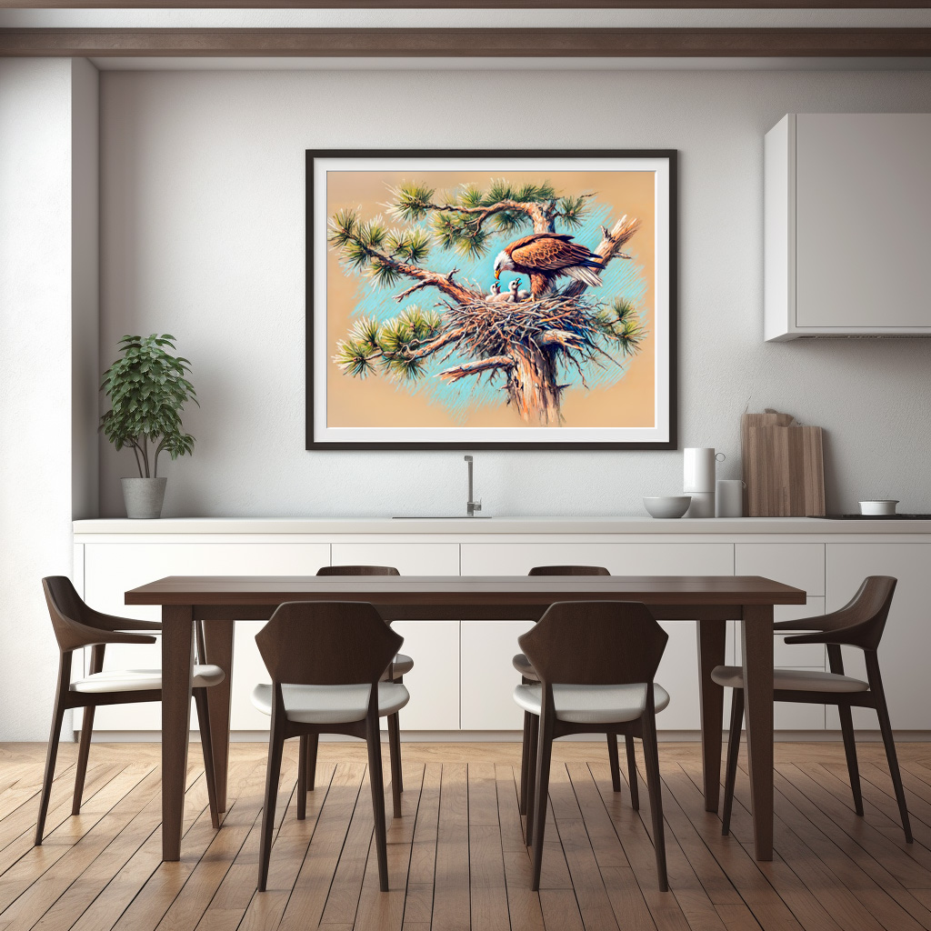 Poster: Eagle Feeding Young in Nest on Pine Tree Pastel Chalk Drawing