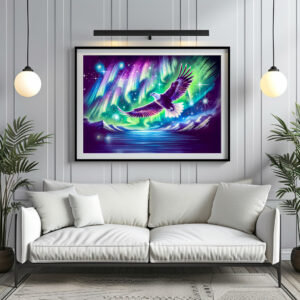 Poster: Eagle Flying Over Mountain Lake with Northern Lights Pastel Chalk Drawing