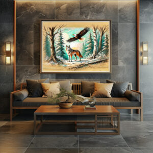 Poster: Eagle and Wolf in the Forest Pastel Chalk Drawing