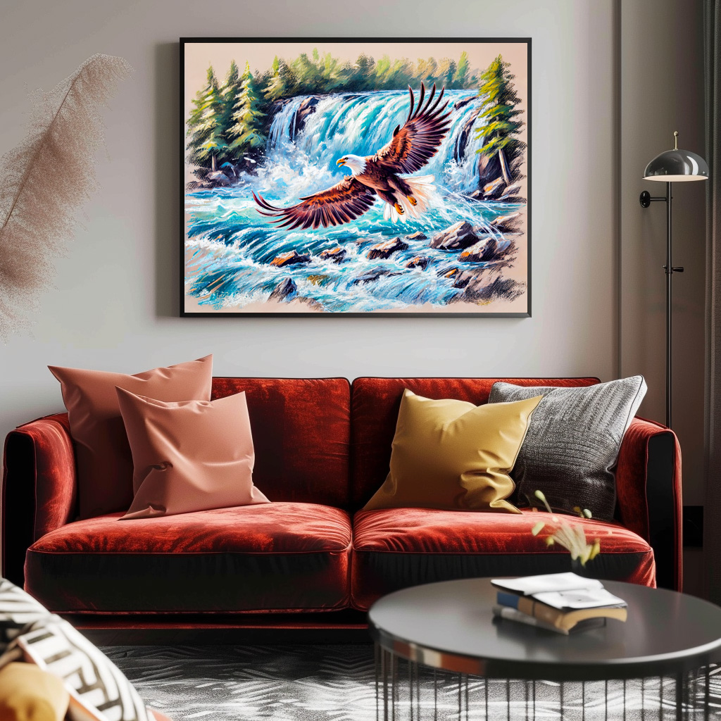 Poster: Eagle Flying in Front of Waterfall Pastel Chalk Drawing – Image 3