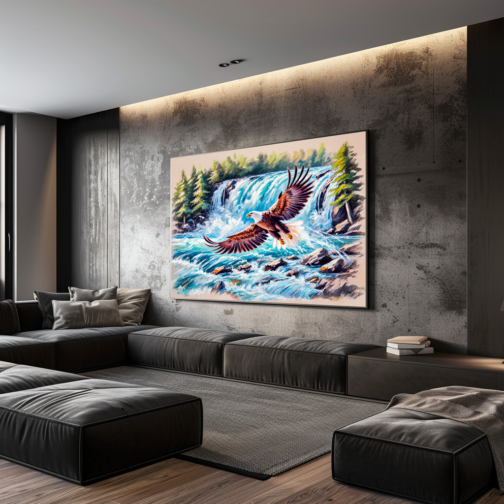 Poster: Eagle Flying in Front of Waterfall Pastel Chalk Drawing