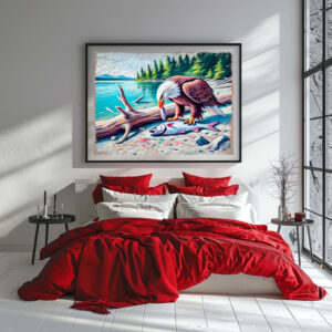 Poster: Eagle Eating Fish at Riverbank Pastel Chalk Drawing