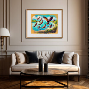 Poster: Eagle Hunting Wild Geese by Lake Pastel Chalk Drawing