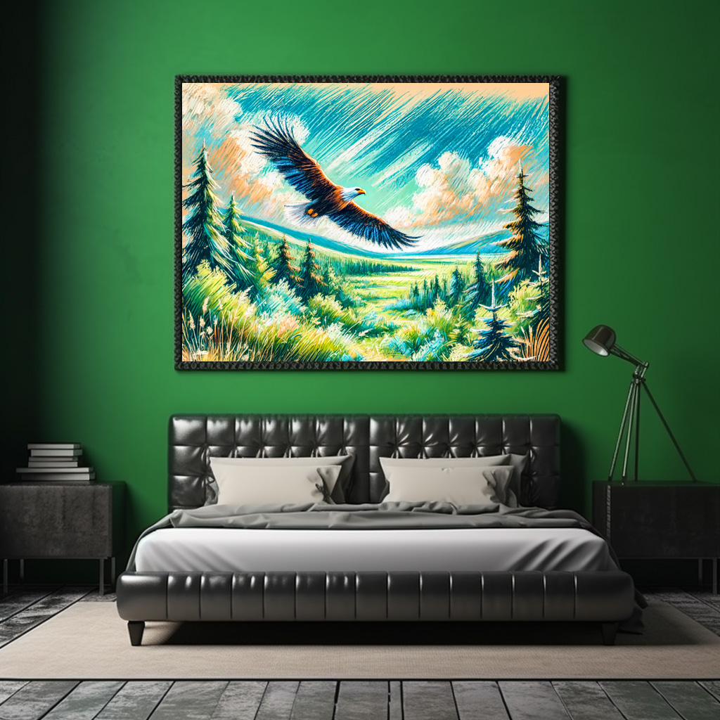 Poster: Eagle Flying Over Forest Pastel Chalk Drawing - immagine 2