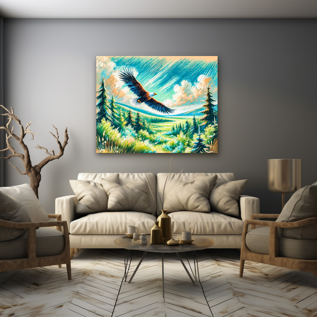 Poster: Eagle Flying Over Forest Pastel Chalk Drawing - immagine 3