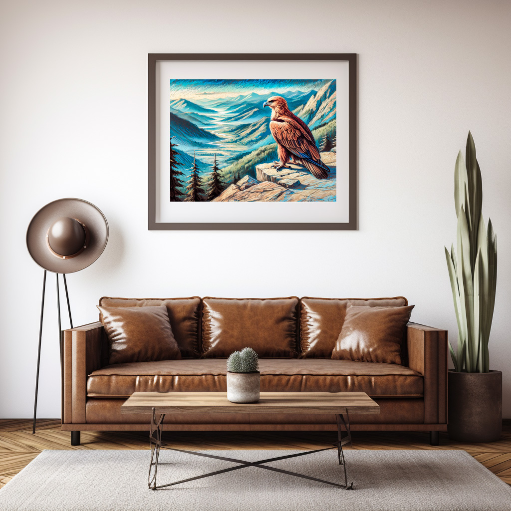 Poster: Eagle on Rock Overlooking Mountain Landscape Pastel Chalk Drawing - immagine 2