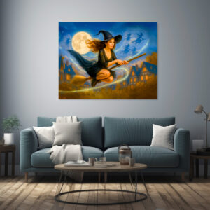 Poster: Flying witch over village rooftops by full moon