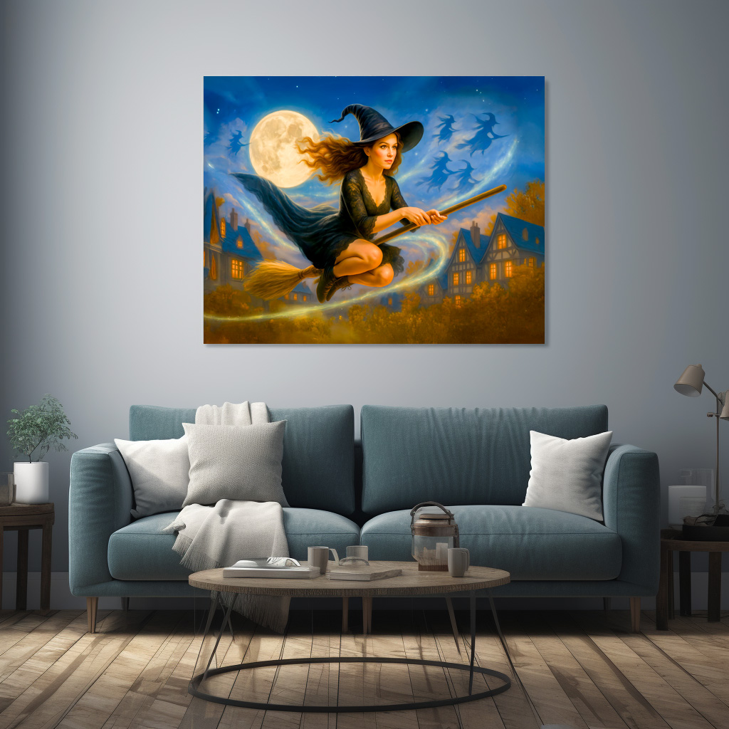 Poster: Flying witch over village rooftops by full moon