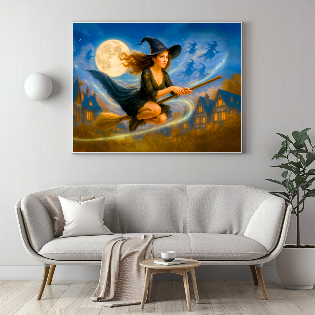 Poster: Flying witch over village rooftops by full moon - Imagen 2