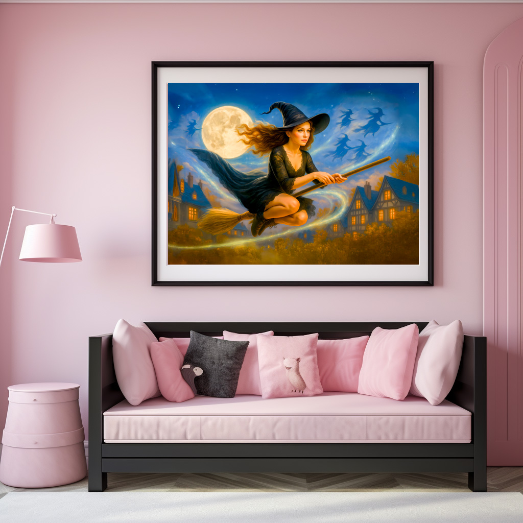 Poster: Flying witch over village rooftops by full moon - Imagen 3