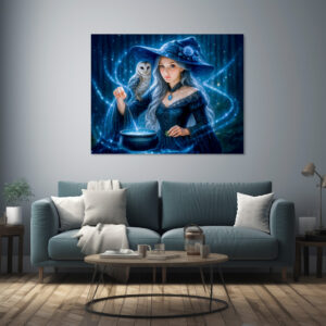 Poster: Silver haired witch with owl and cauldron