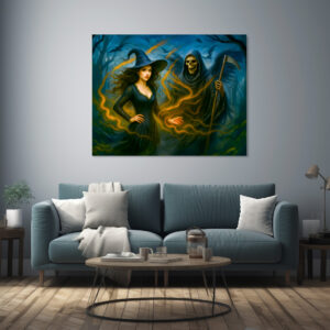 Poster: Witch in dark forest with the grim reaper