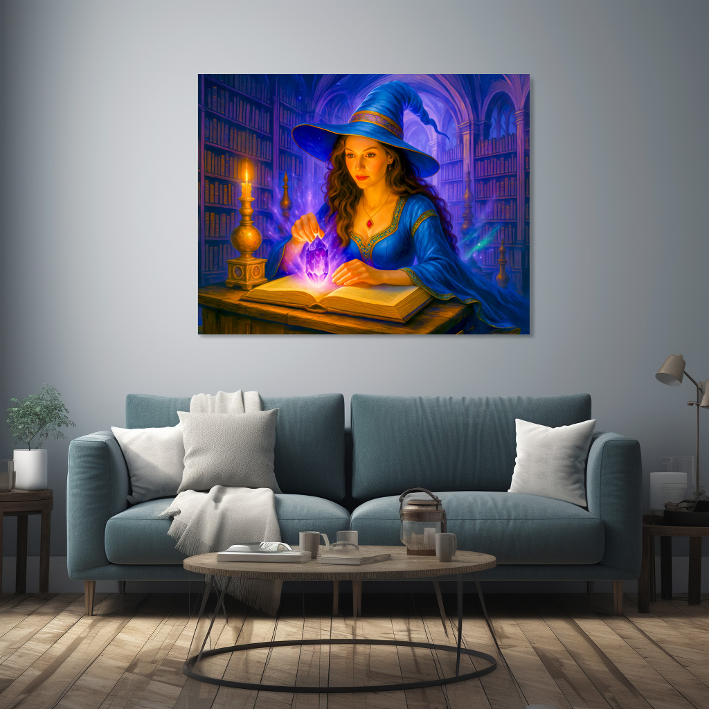 Poster: Witch reading spellbook with glowing crystal - Imagen 2