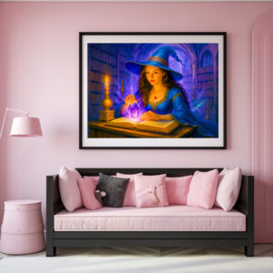 Poster: Witch reading spellbook with glowing crystal