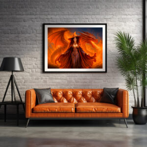 Poster: Witch with red dragon and blazing fire