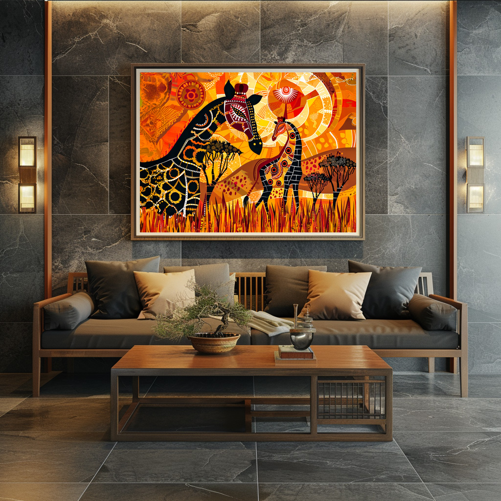 Poster: African giraffes and sun in tribal style