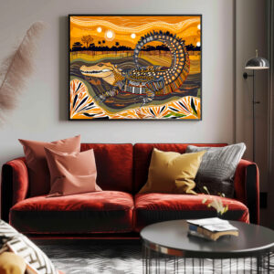 Poster: African crocodile in sunset painting