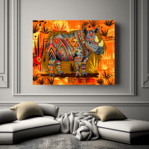 Poster: A single African rhino with bold tribal patterns, standing in a stylized savanna scene painted in African folk art style