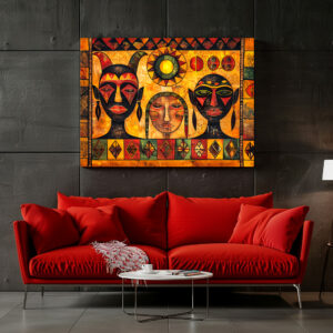 Poster: African sun and masks in tribal painting