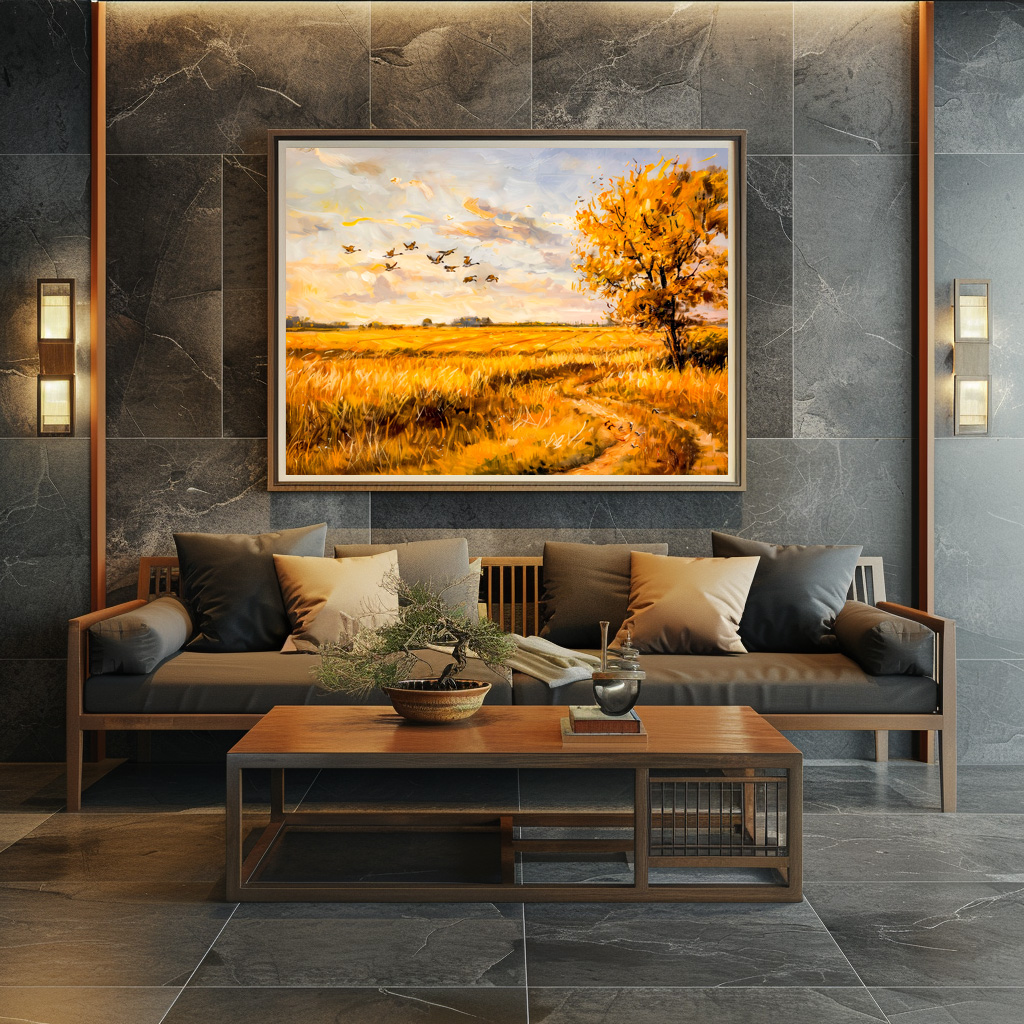 Poster: Golden Landscape with Flying Birds over Havelland landscape - immagine 2