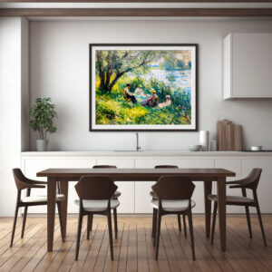 Poster: family enjoying a picnic in a lush meadow on river