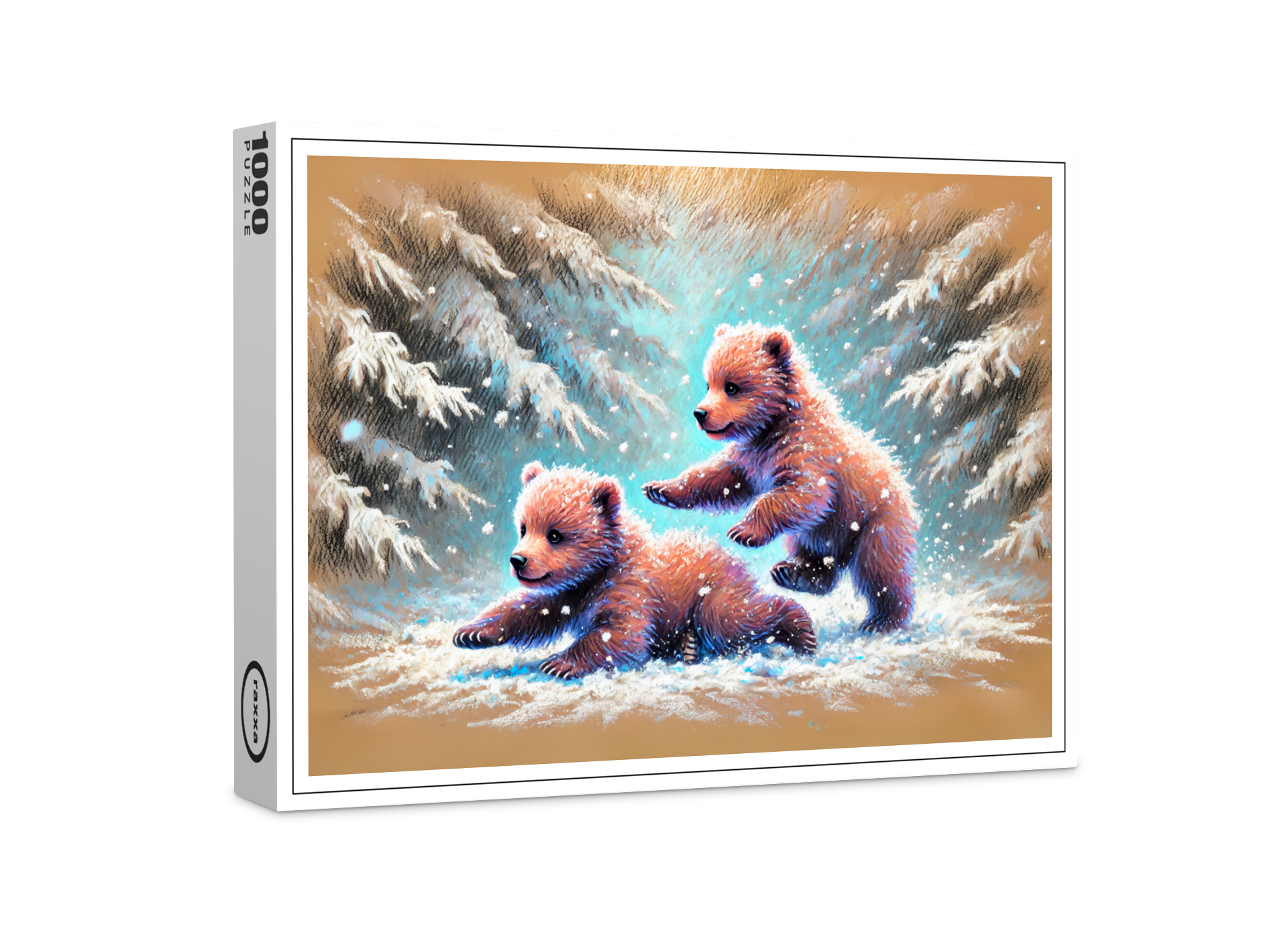 raxxa Premium-Puzzle: Playful Bear Cubs in Snow Pastel Chalk Drawing