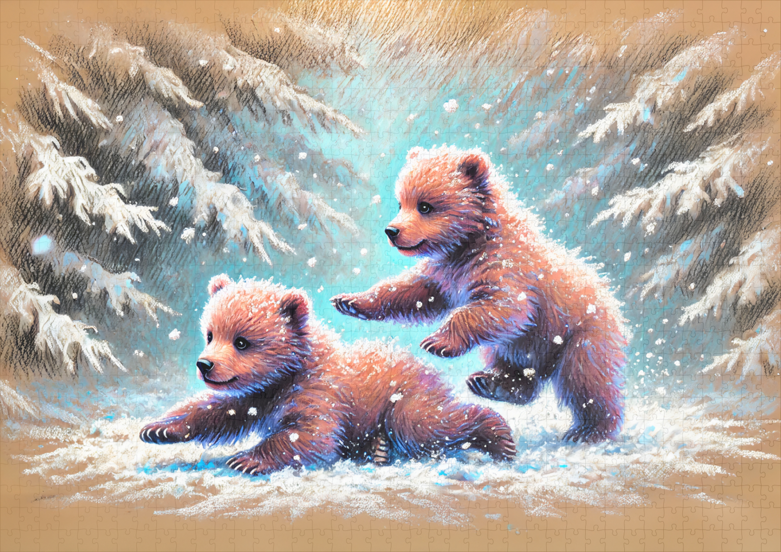 raxxa Premium-Puzzle: Playful Bear Cubs in Snow Pastel Chalk Drawing - Image 2
