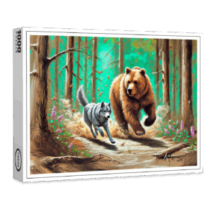 raxxa Premium-Puzzle: Wolf and Bear Chase Pastel Chalk Forest Scene