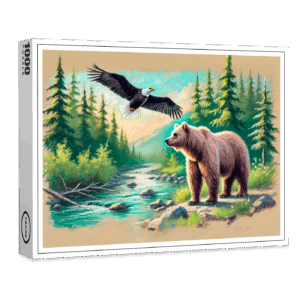 raxxa Premium-Puzzle: Bear and Eagle in Forest Stream Pastel Chalk Drawing