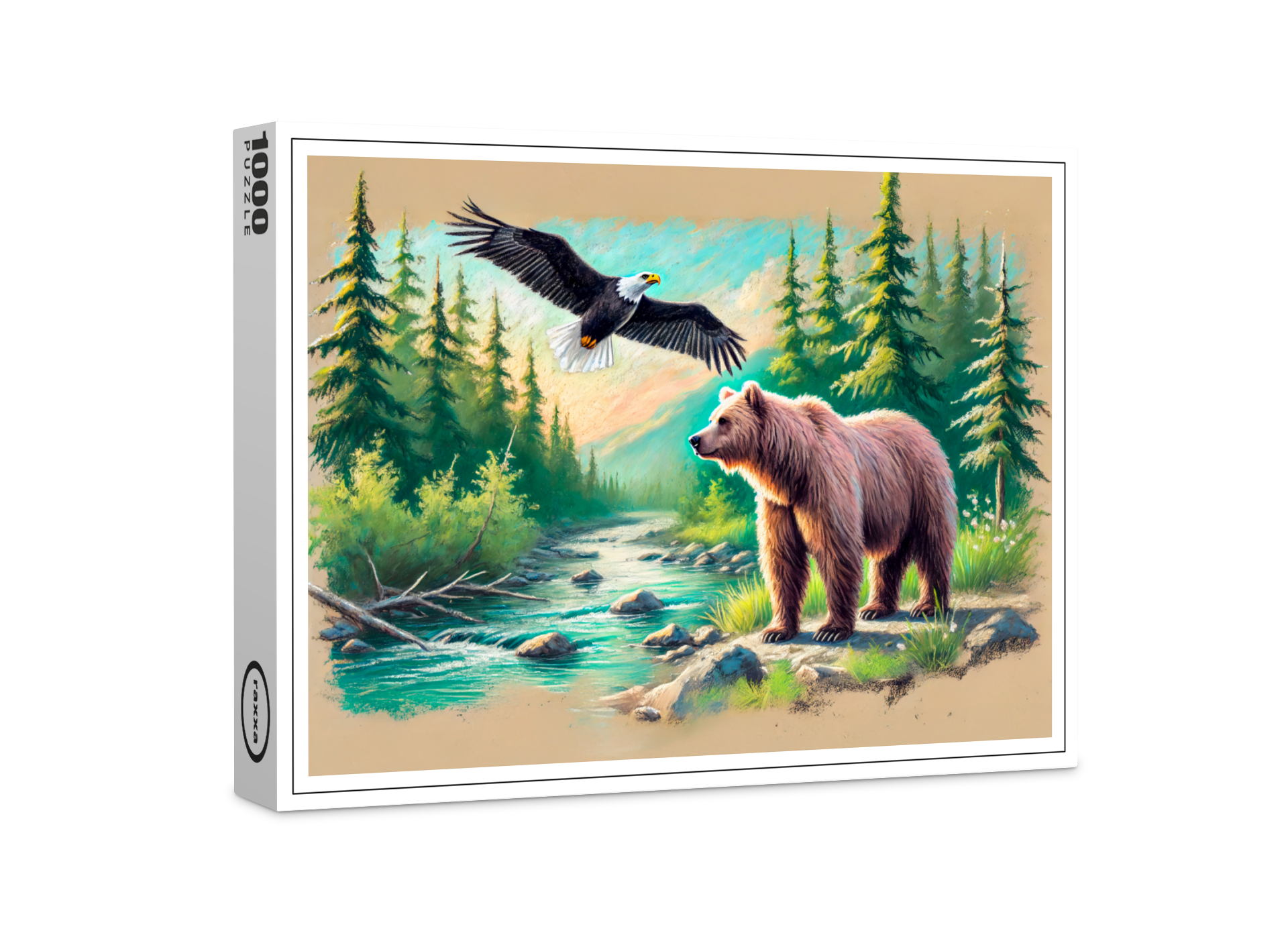 raxxa Premium-Puzzle: Bear and Eagle in Forest Stream Pastel Chalk Drawing