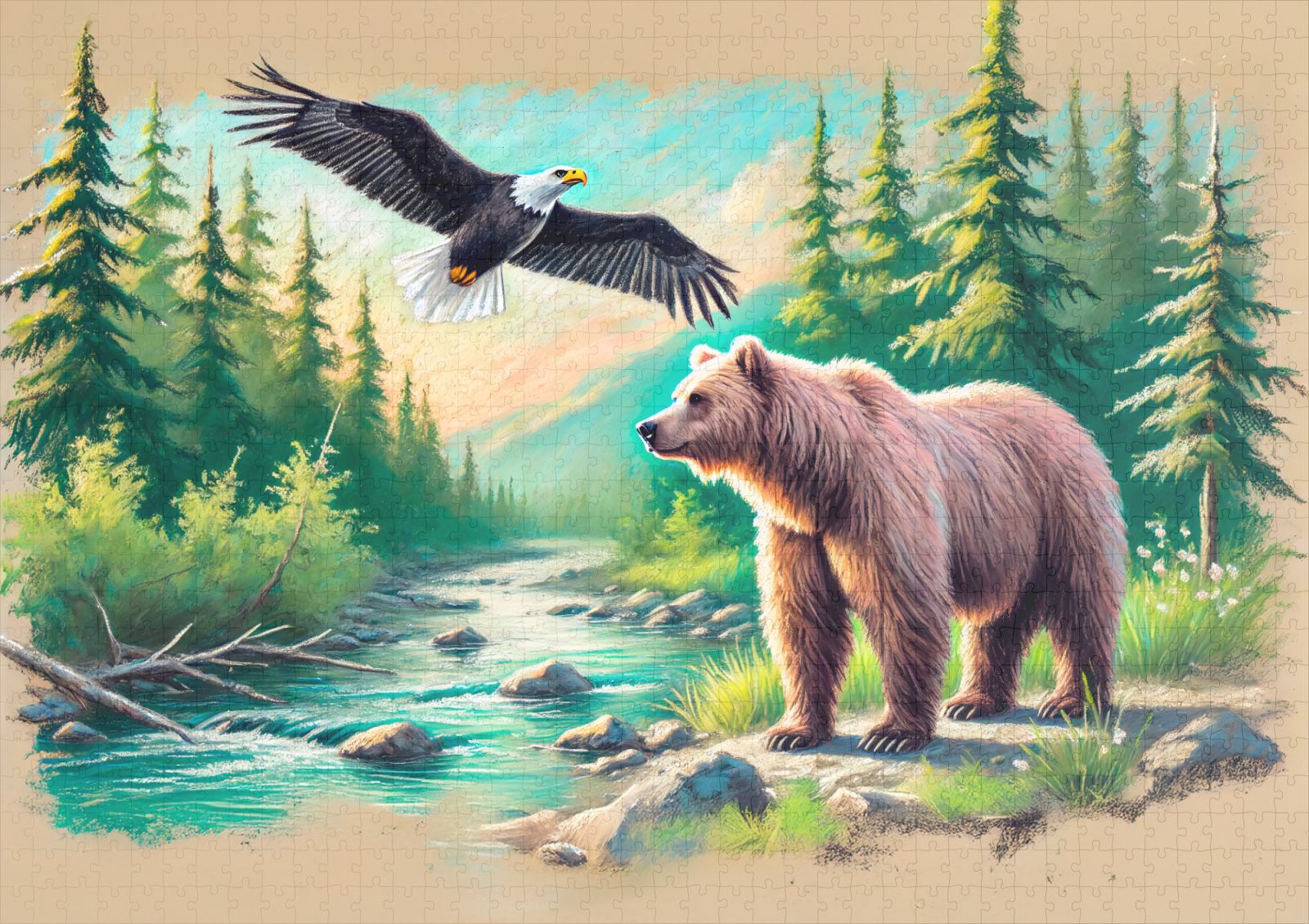 raxxa Premium-Puzzle: Bear and Eagle in Forest Stream Pastel Chalk Drawing - Image 2