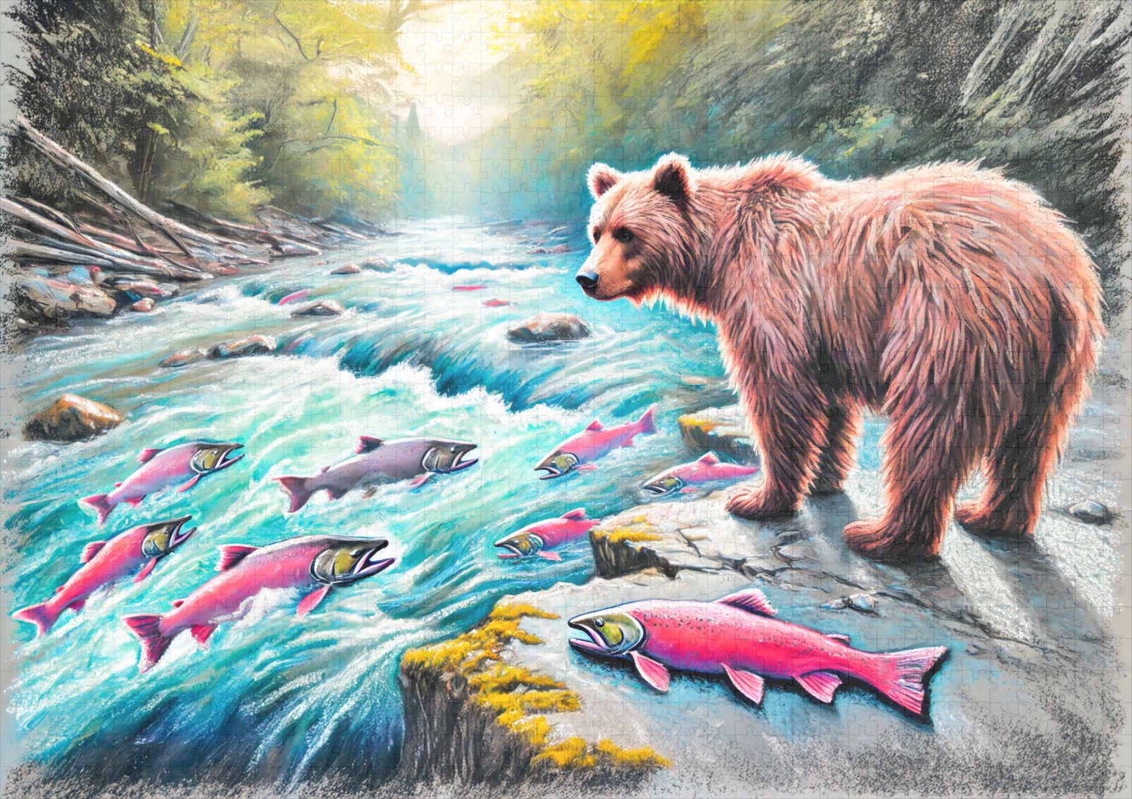 raxxa Premium-Puzzle: Brown Bear Watching Salmon Pastel Chalk Drawing - Image 2