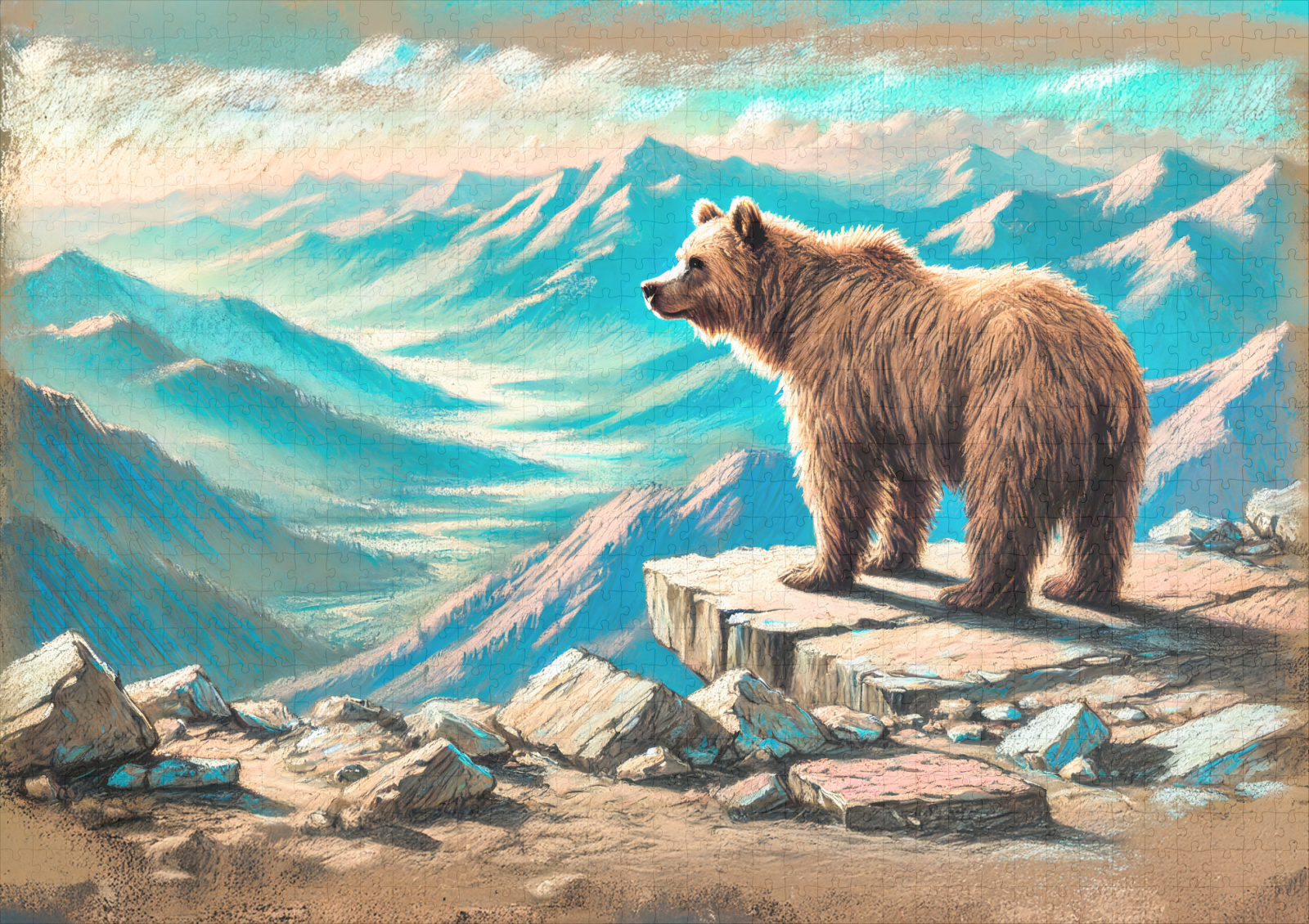 raxxa Premium-Puzzle: Brown Bear on Mountain Pastel Chalk Scene - Imagen 2