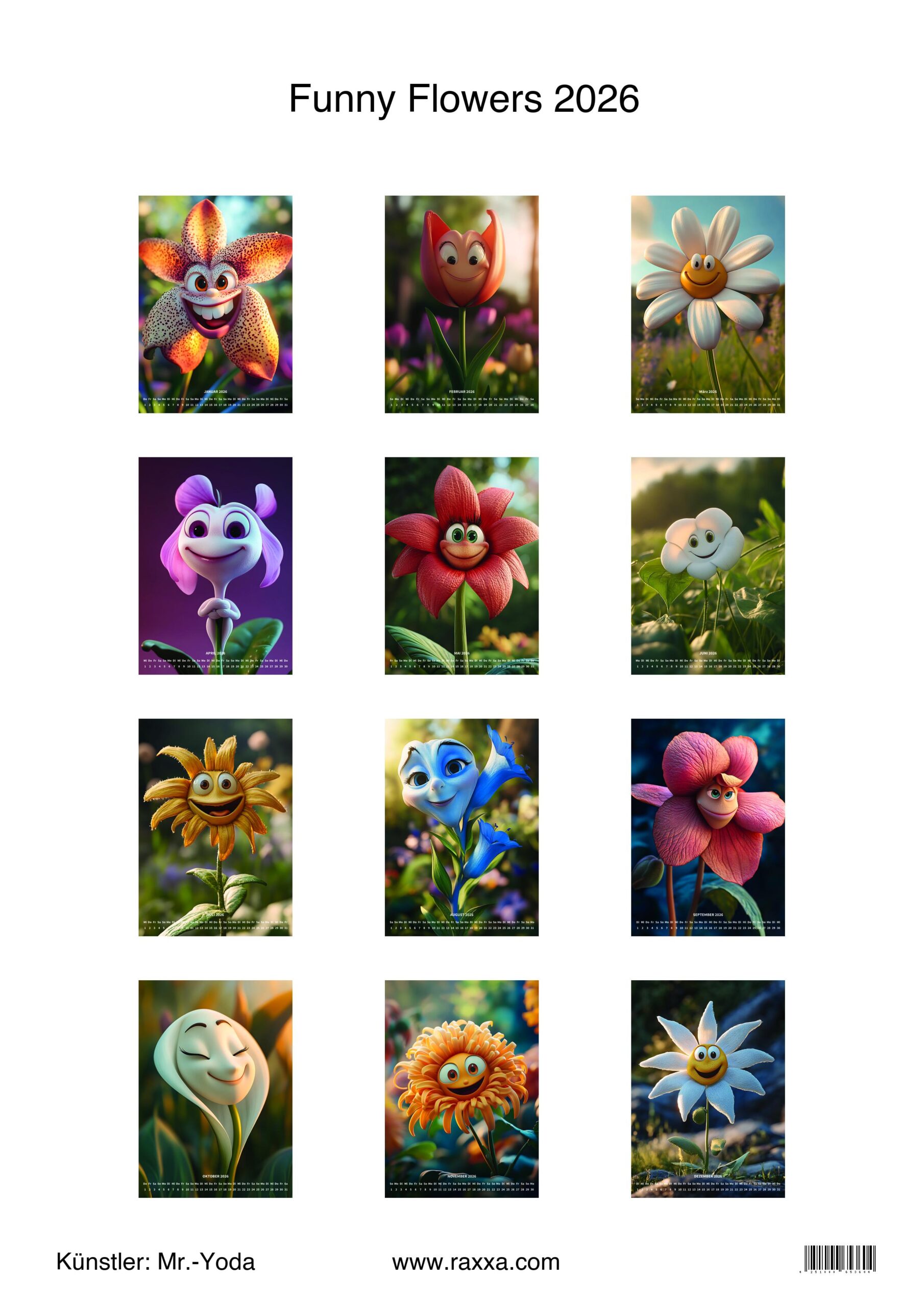 raxxa Premium-Monatskalender Funny Flowers 2026 - Imagen 2