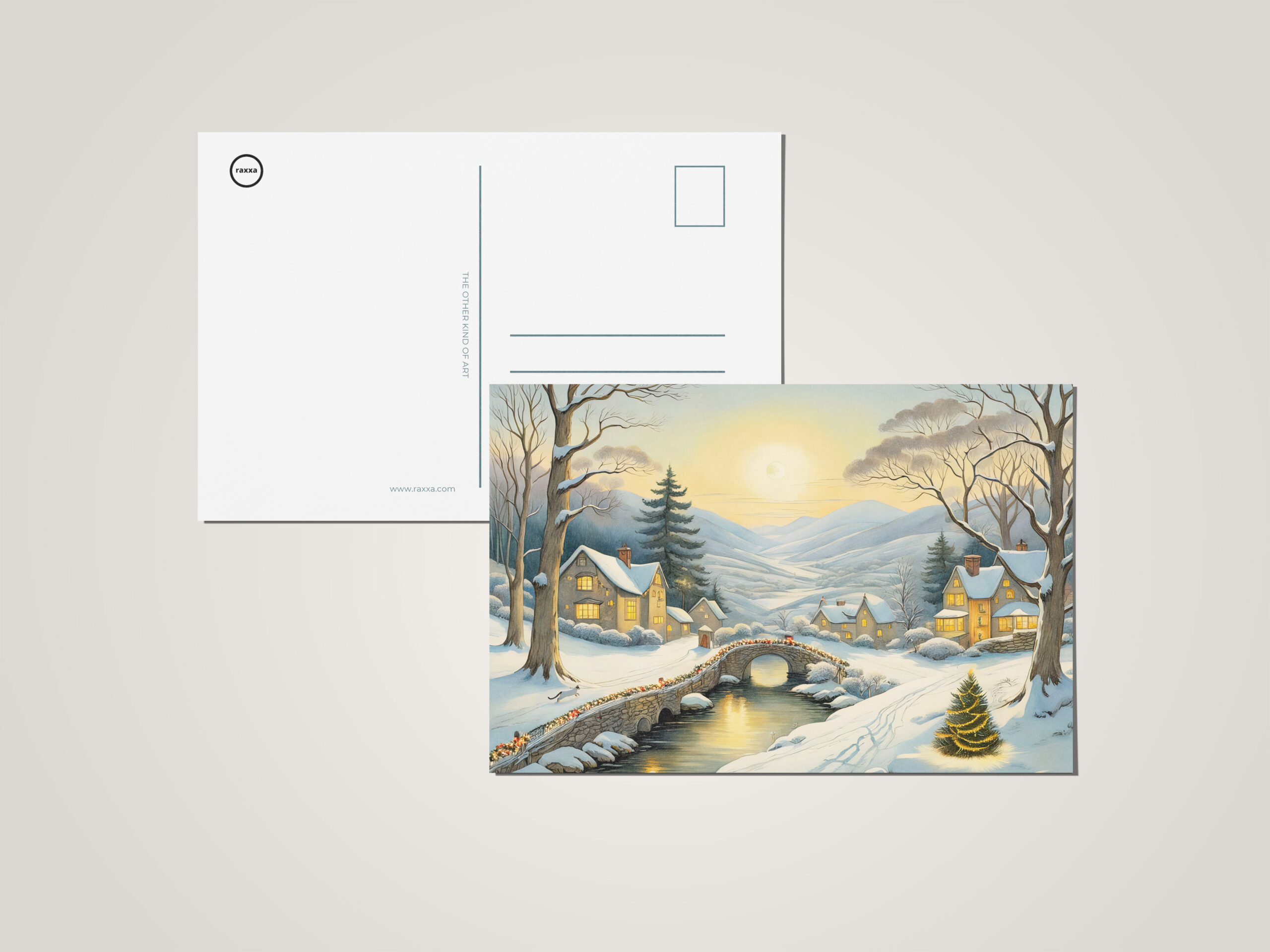 raxxa Postkarte: Idyllic Christmas Village with River and Bridge